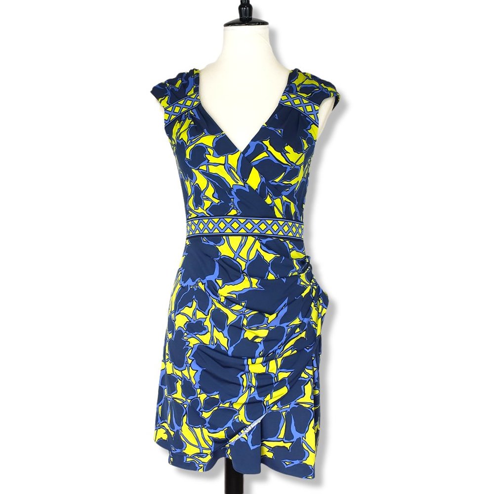 BCBGMaxazria Blue and Yellow Floral Print Asymmetrical Scrunch Dress Size Small